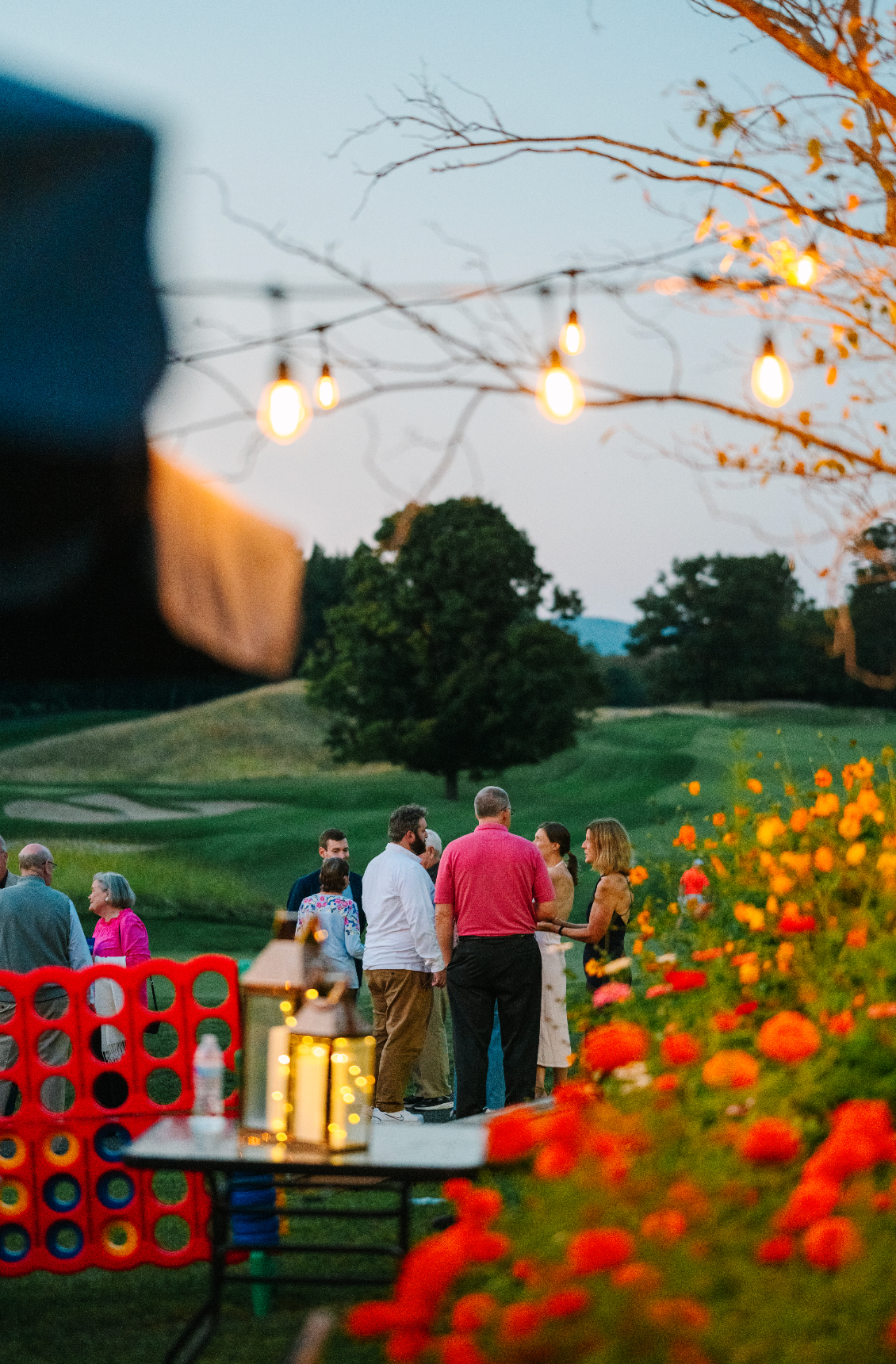 Outdoor party with string lights, people socializing, and flowers; scenic green background.
