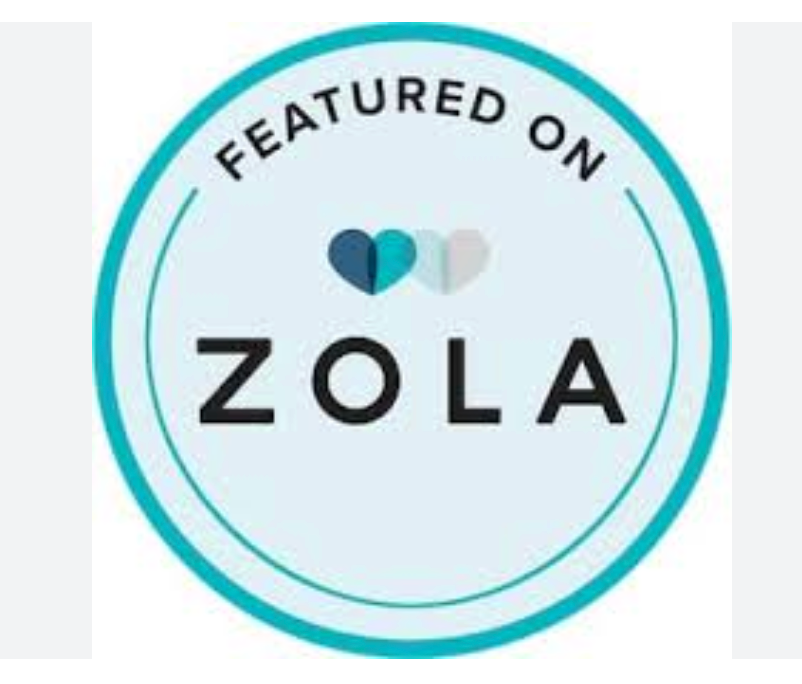 Featured on ZOLA badge with hearts, teal and white colors.