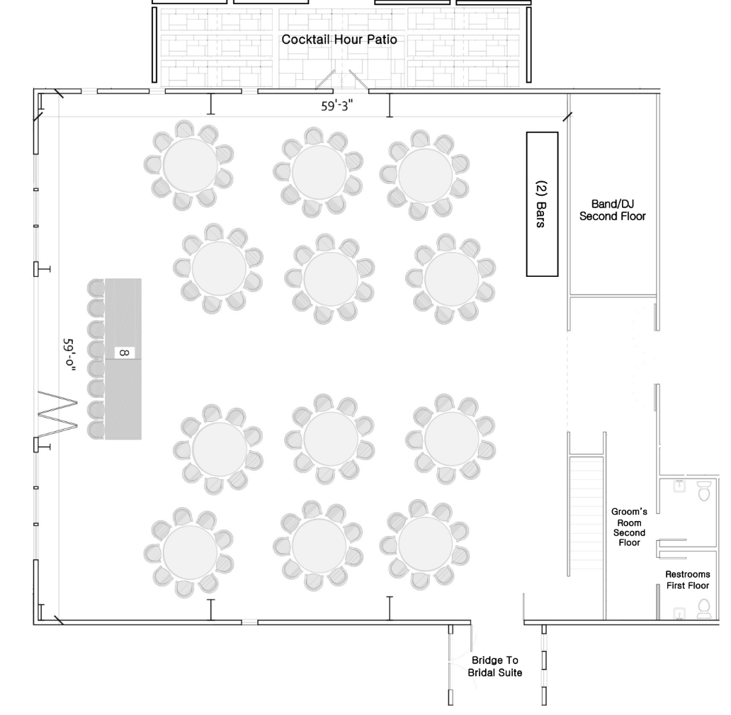 A floor plan of a large room with tables and chairs arranged in circles.