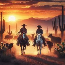 Two cowboys on horseback ride through a desert at sunset, with cacti silhouetted against orange sky.