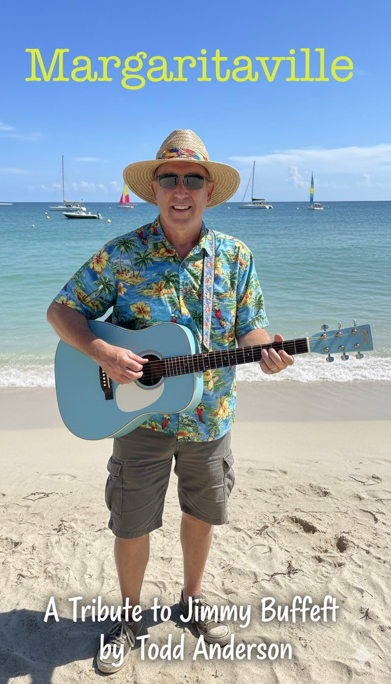 Man in straw hat and floral shirt playing guitar on a sunny beach with “Margaritaville” text.