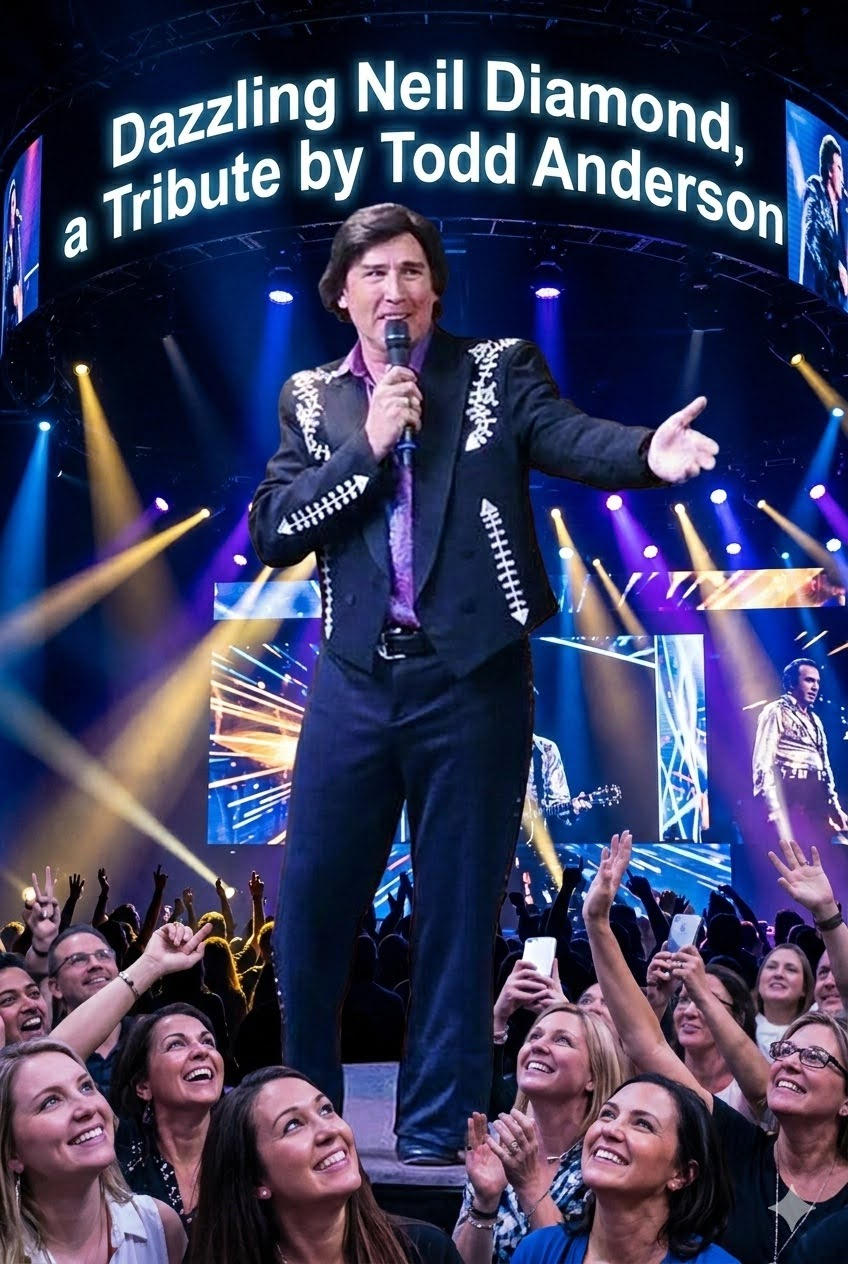 Todd Anderson performs on stage under lights, with a screen reading “Dazzling Neil Diamond, a Tribute by Todd Anderson.”