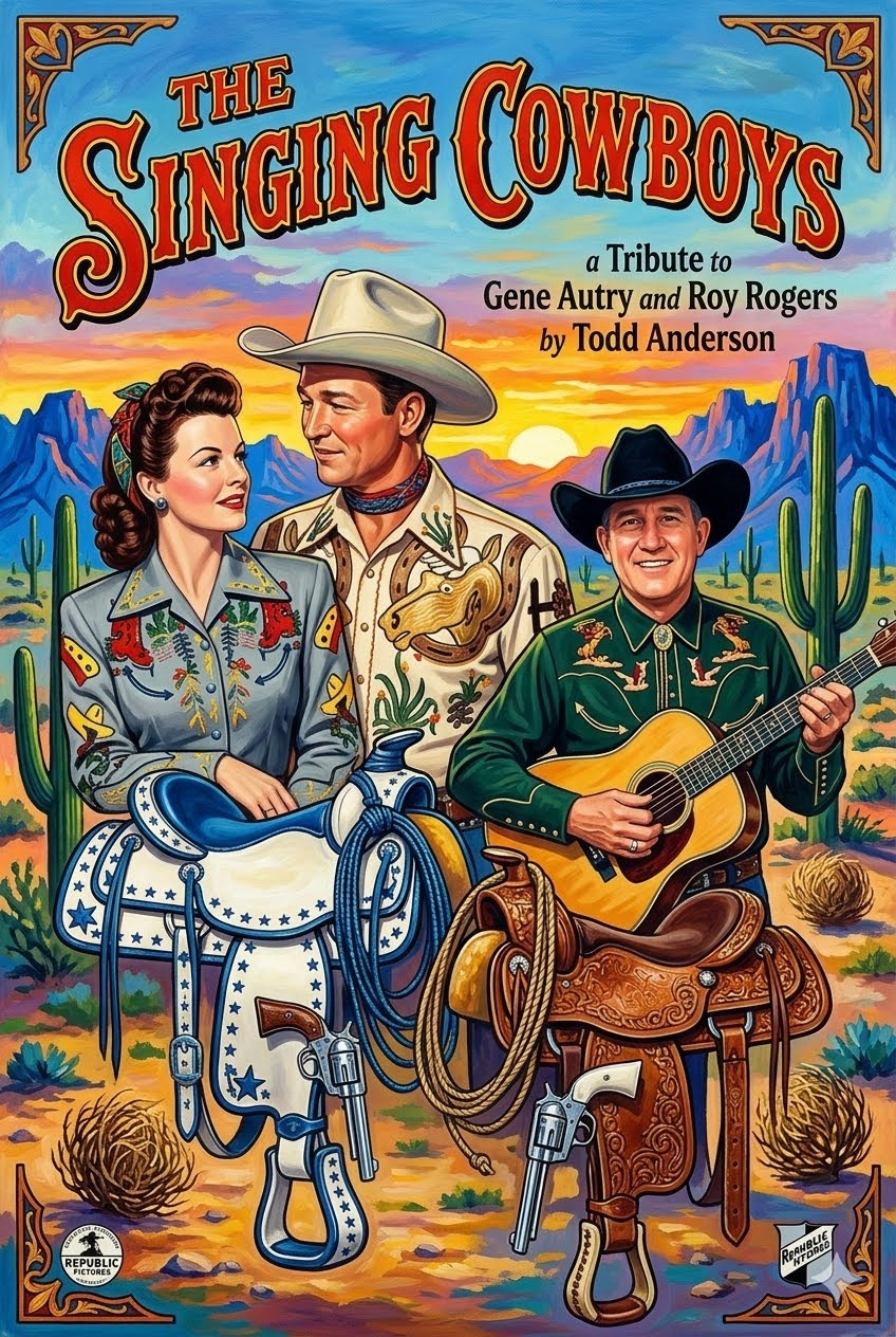 Vintage poster of two cowboys singing and playing guitar and drums in a desert western scene
