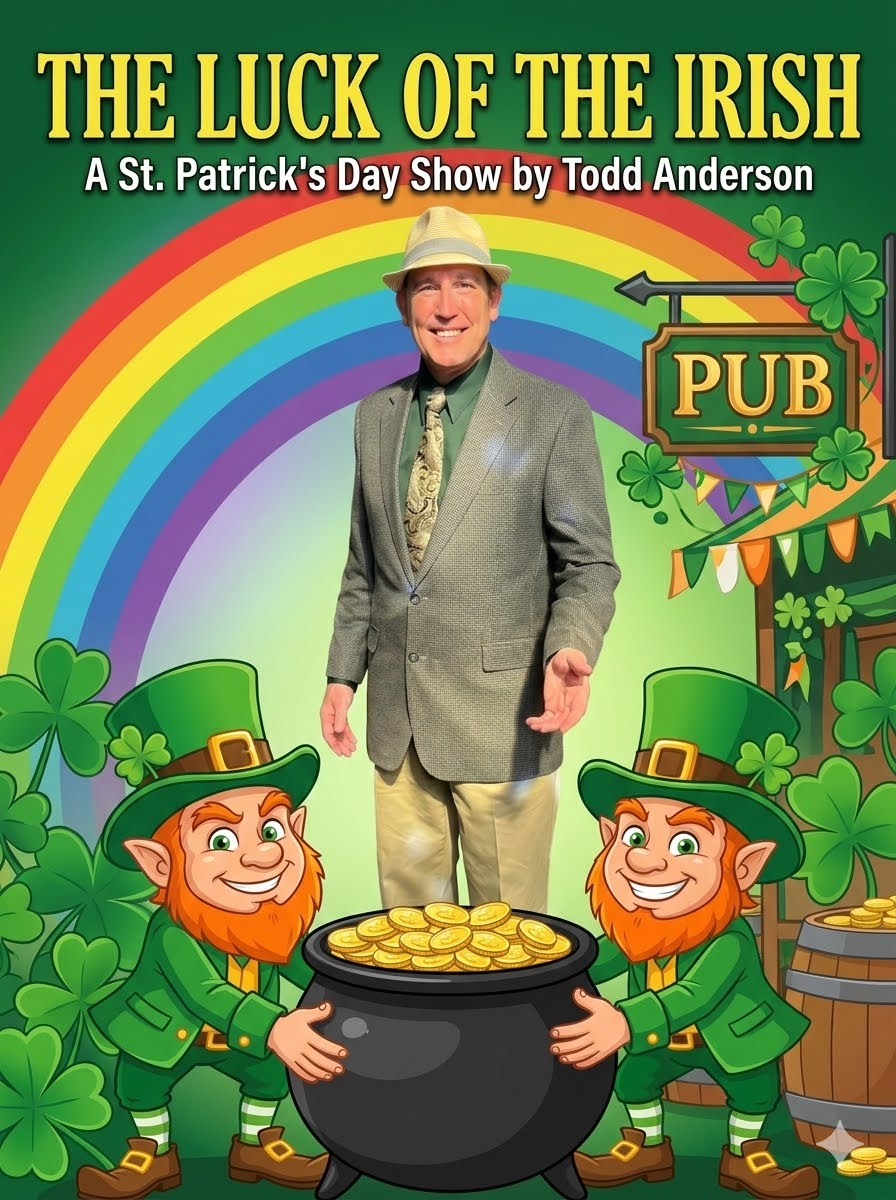 St. Patrick’s Day poster with a man in green beside a pot of gold, leprechauns, and a pub sign.