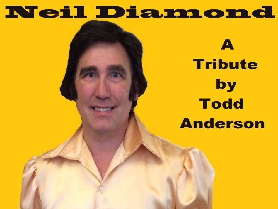 Neil Diamond tribute poster with a man in a gold shirt on a yellow background, by Todd Anderson