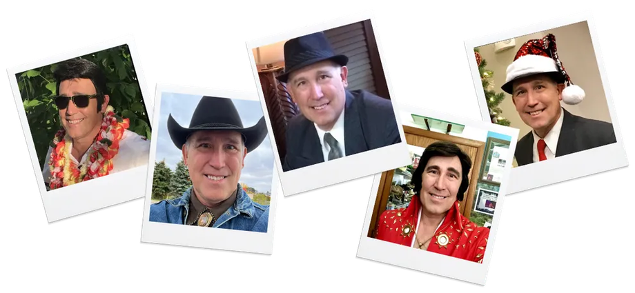 Five polaroid-style portraits of smiling men in cowboy hats and colorful shirts on a white background