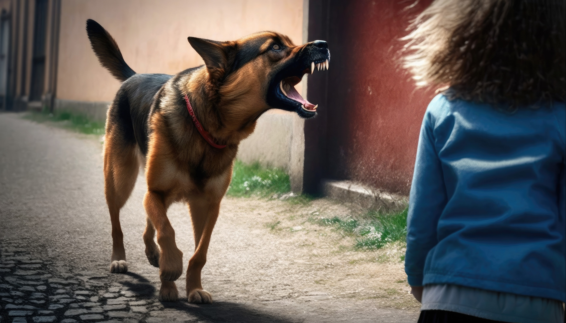 A german shepherd dog is barking at a little girl.