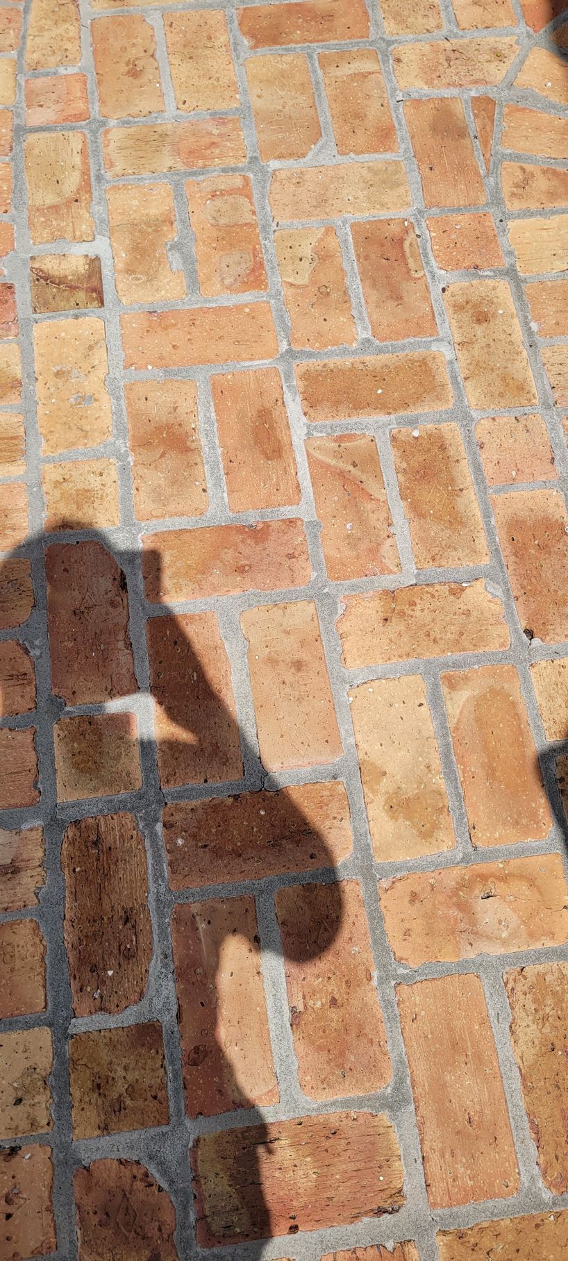 Shadow of a person on orange brick pavement with white mortar lines