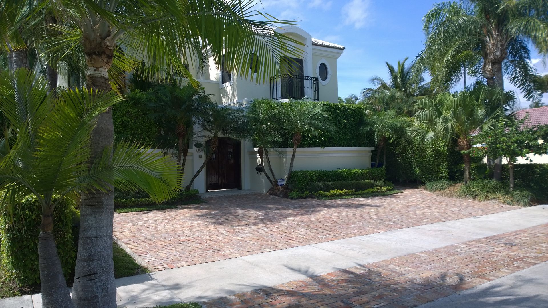 Modern two-story house with palm trees, a brick driveway, and a sunny tropical front yard