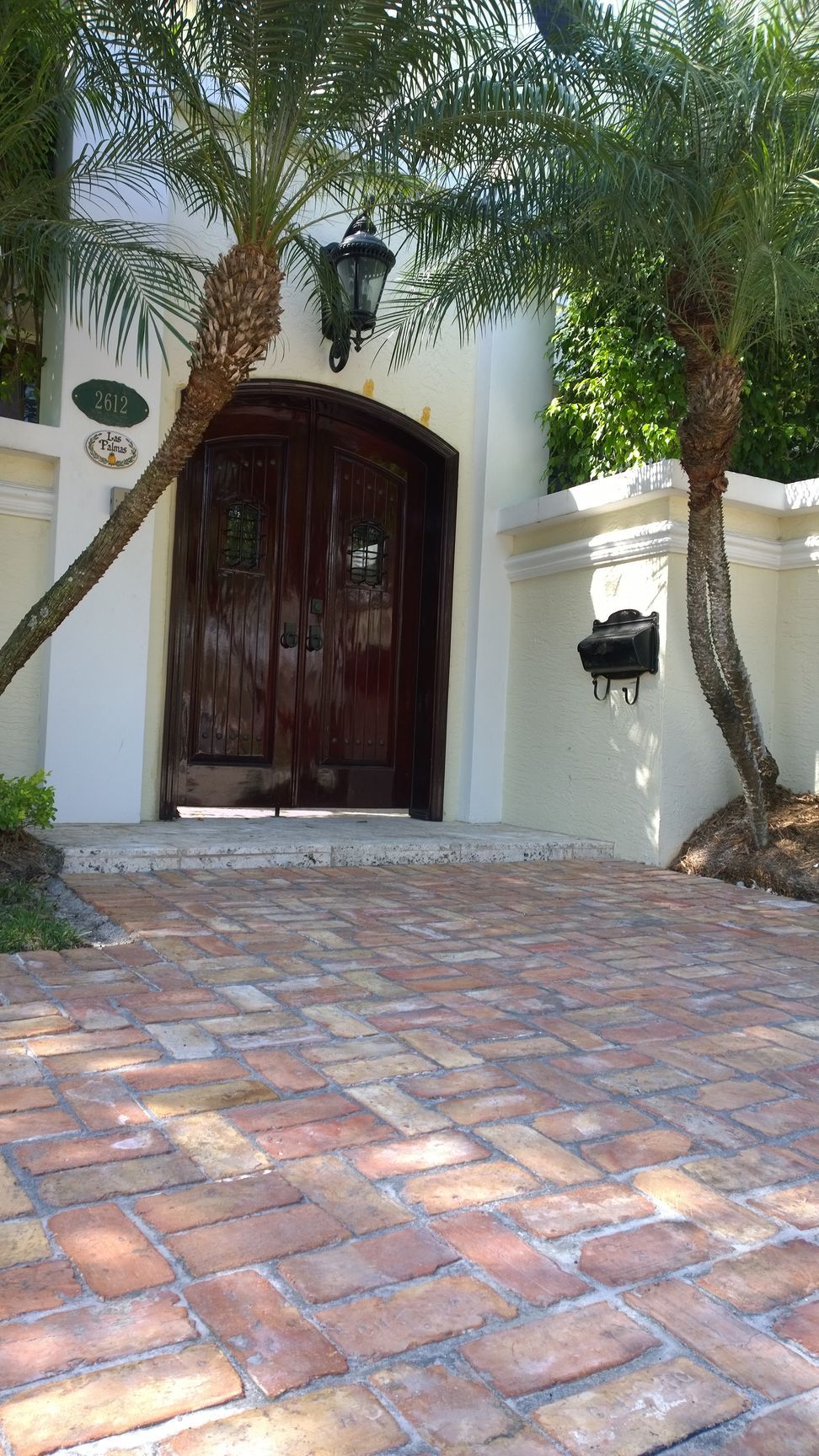 Front entry with dark wooden arched door, white stucco walls, palm trees, and brick driveway.