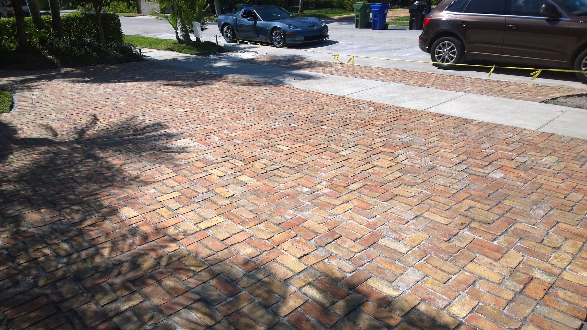 Brick-paved parking area with parked cars and tree shadows in bright sunlight