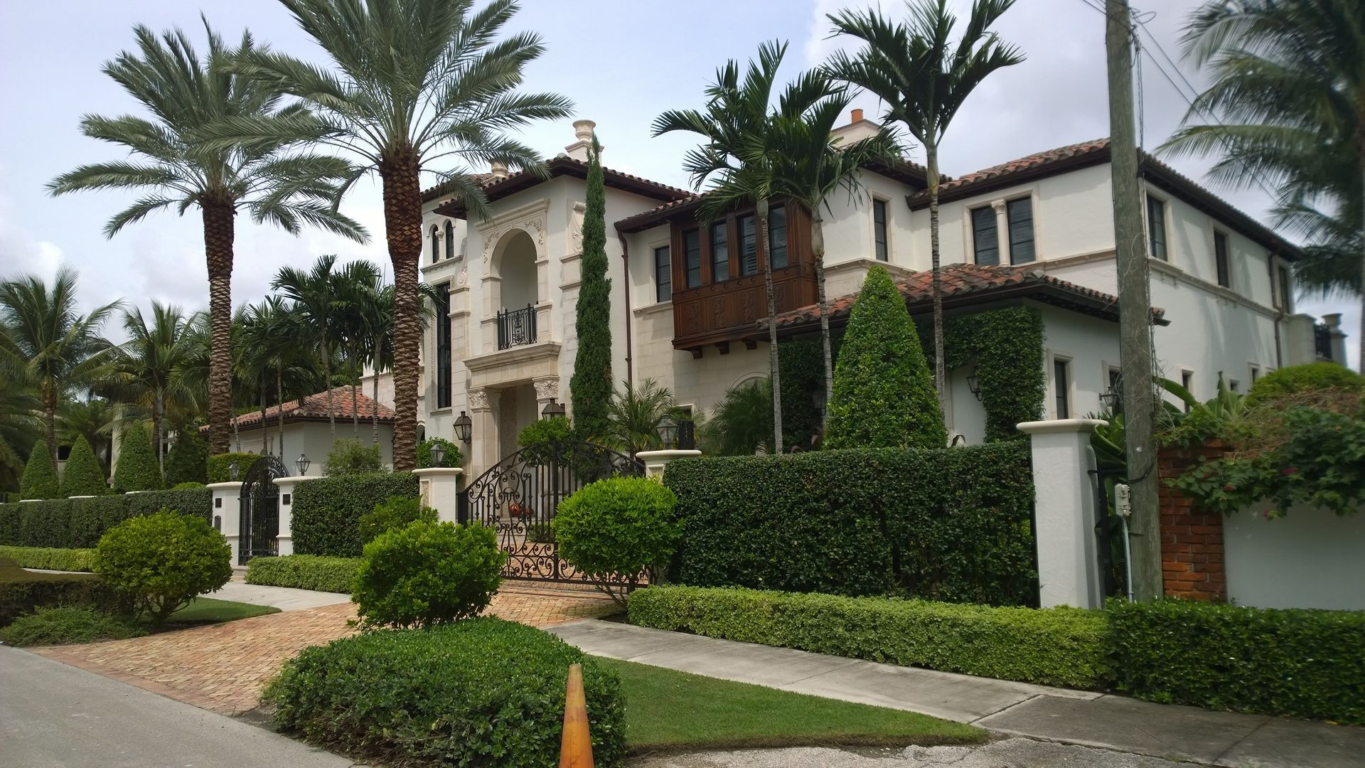 Upscale residential street with palm trees, white stucco homes, and trimmed hedges