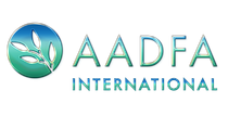 The logo for aadfa international is a blue and green logo with a plant in the middle.