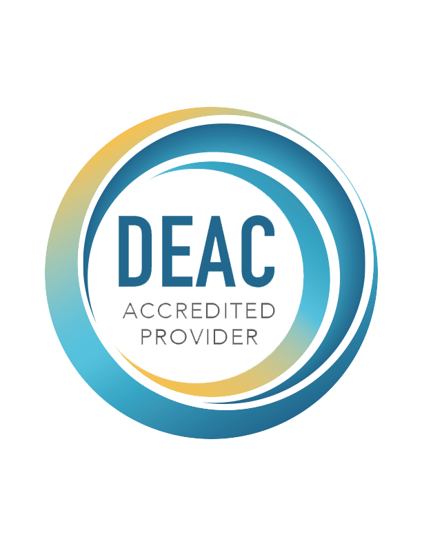 The deac accredited provider logo is blue and yellow