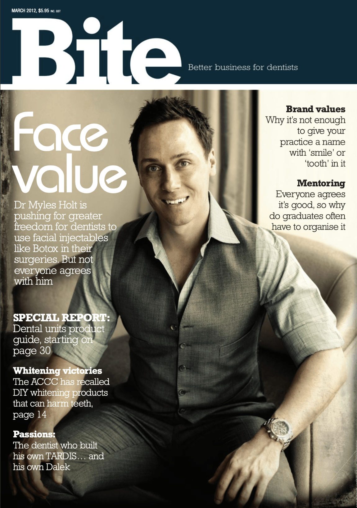 Dr Myles Holt is sitting on a couch on the cover of a magazine.