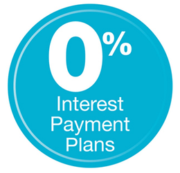 A blue circle that says 0 interest payment plans
