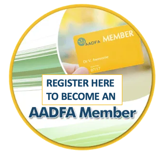 A sign that says register here to become an aadfa member