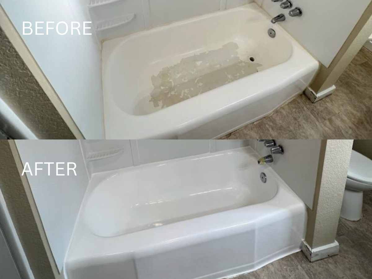 Before and after comparison of a white bathtub, showing a dirty tub before and a clean tub after cleaning.