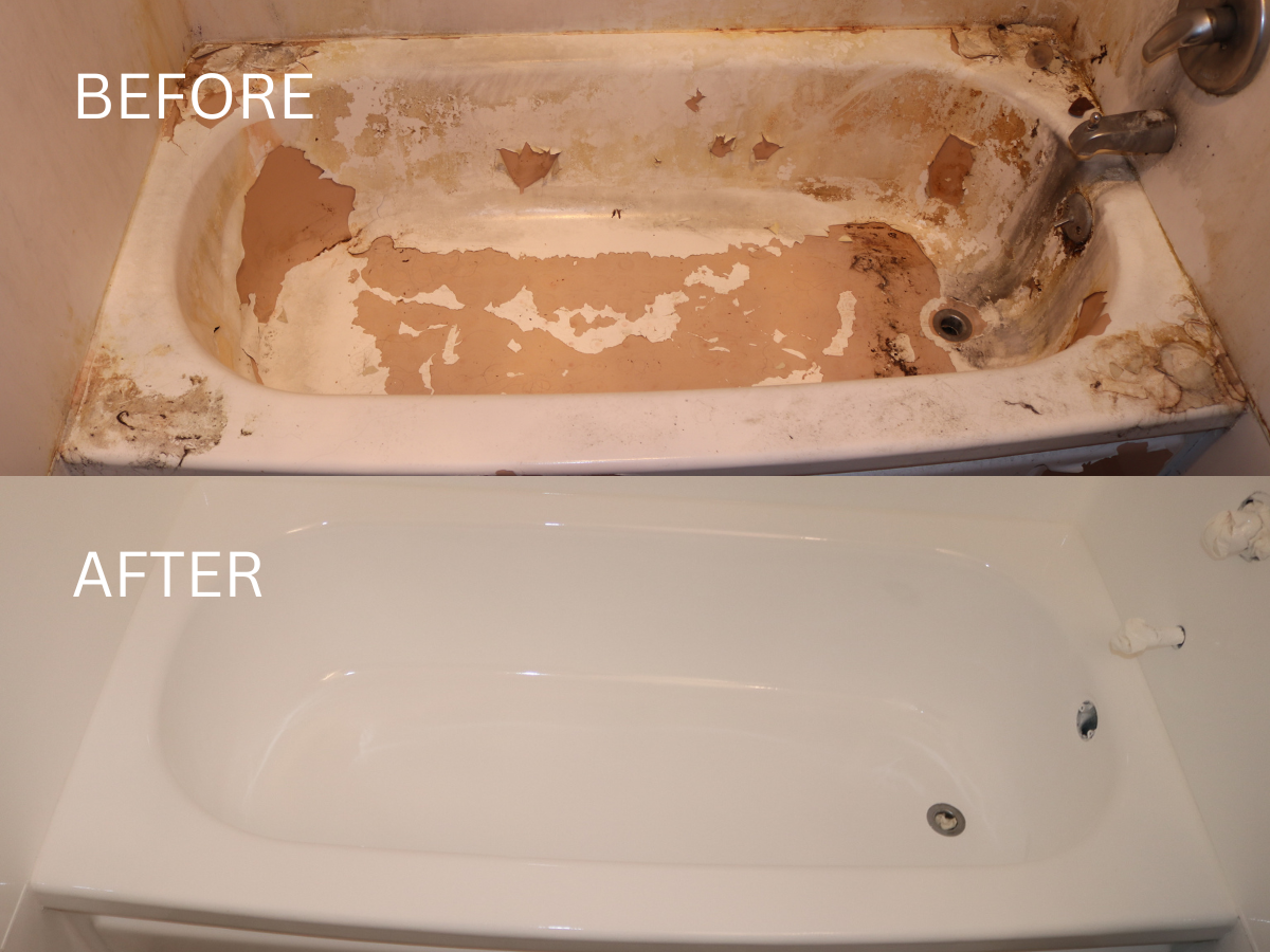 Before and after of a bathtub: the top shows a heavily worn tub, the bottom a renovated, white bathtub.