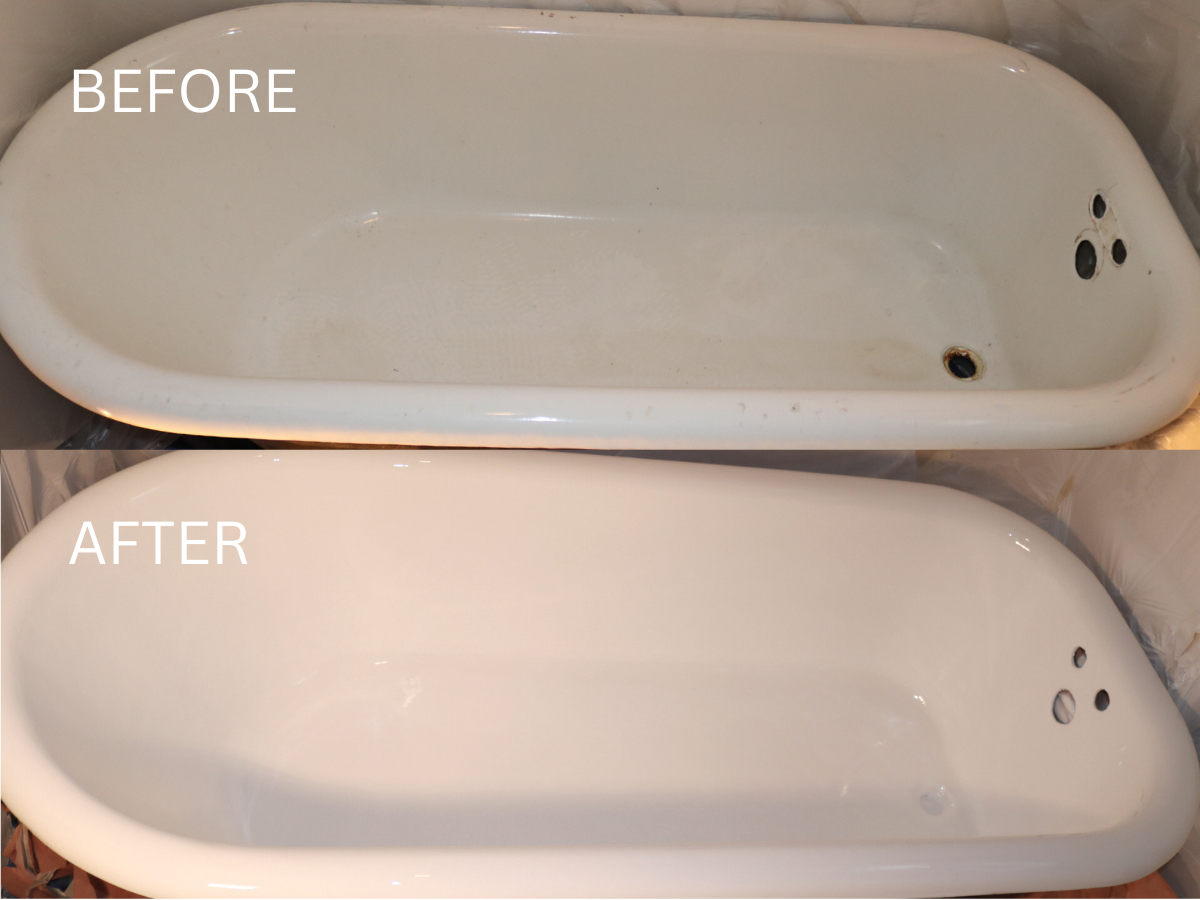 Before and after shot of a white bathtub, showing a cleaned surface.