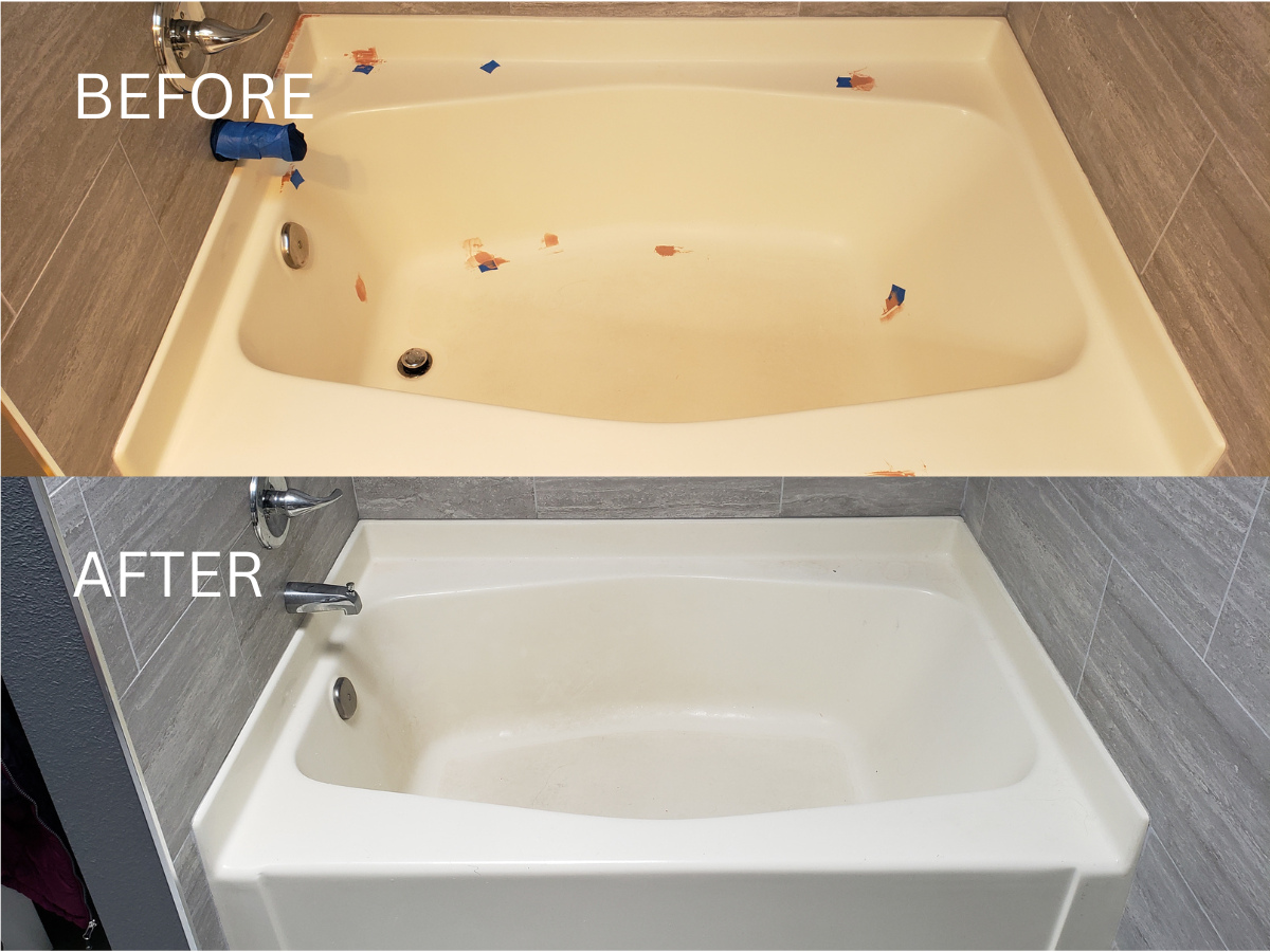 Before-and-after of a bathtub. Top: old, off-white. Bottom: refinished, white. Gray tile surrounds.