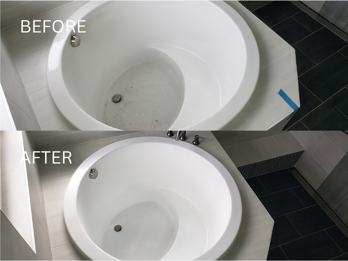 Comparison of a before-and-after image: A white, circular bathtub. Before image shows stains, after image is clean.