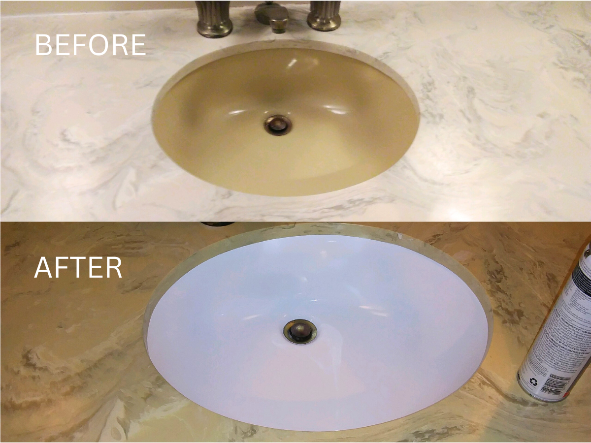 Comparison of bathroom sinks before and after refinishing. The sink is changed from beige to white.