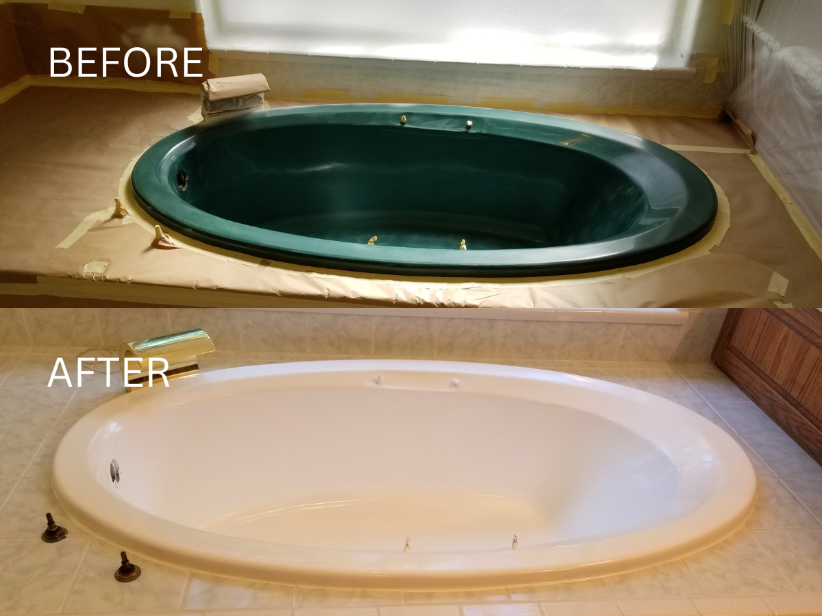 Before and after comparison of an oval bathtub, originally dark green, now white. Bathroom setting.