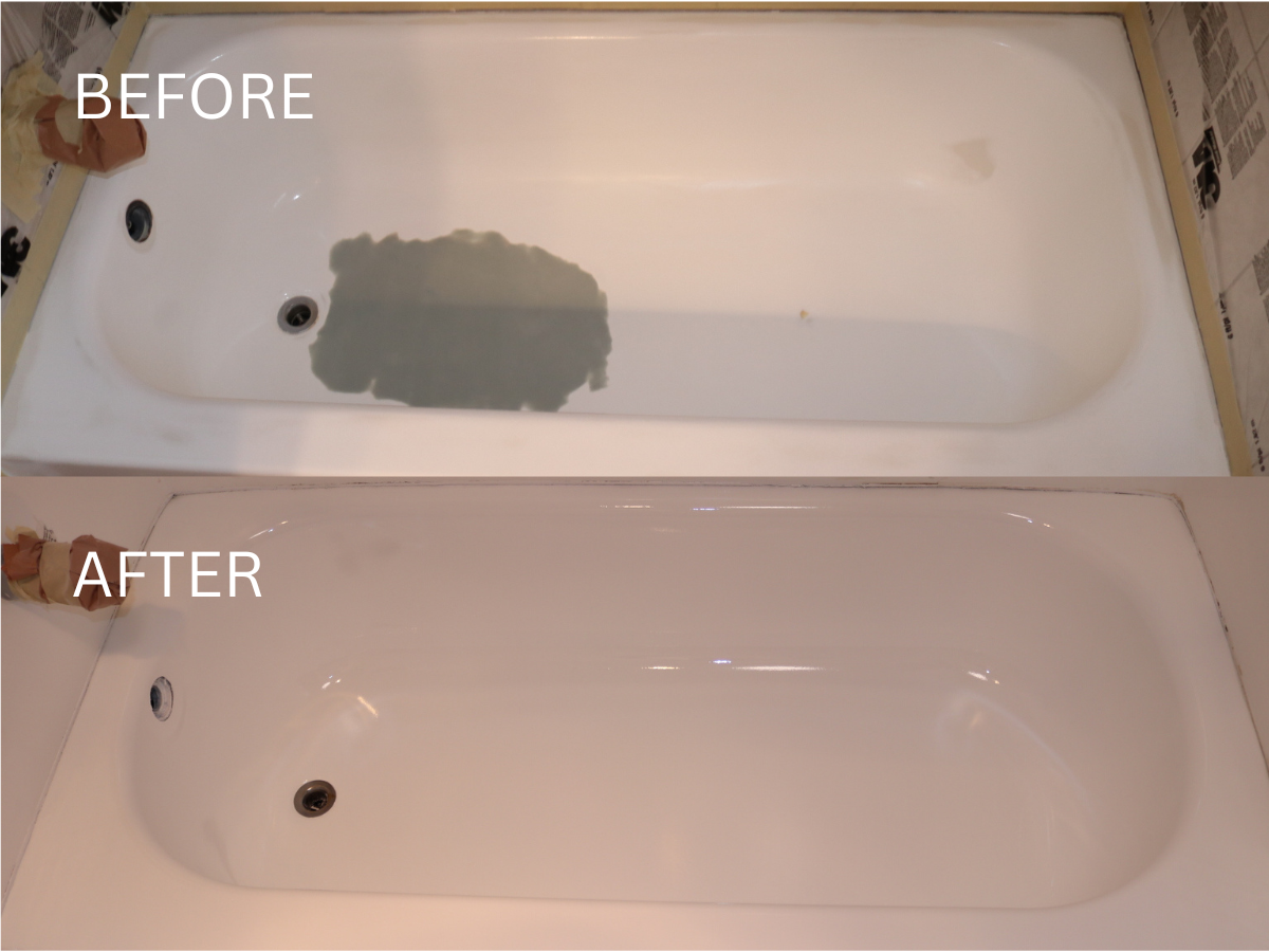 Bathtub repair comparison: Before with chipped coating, after with smooth white surface.