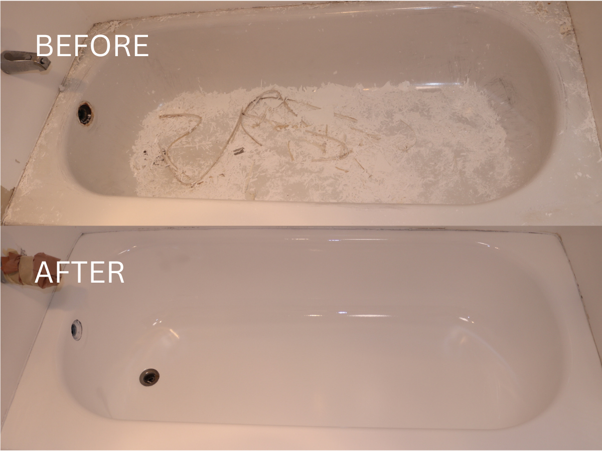 Before and after comparison of a white bathtub, showing a dirty, stained tub cleaned to a smooth, bright finish.