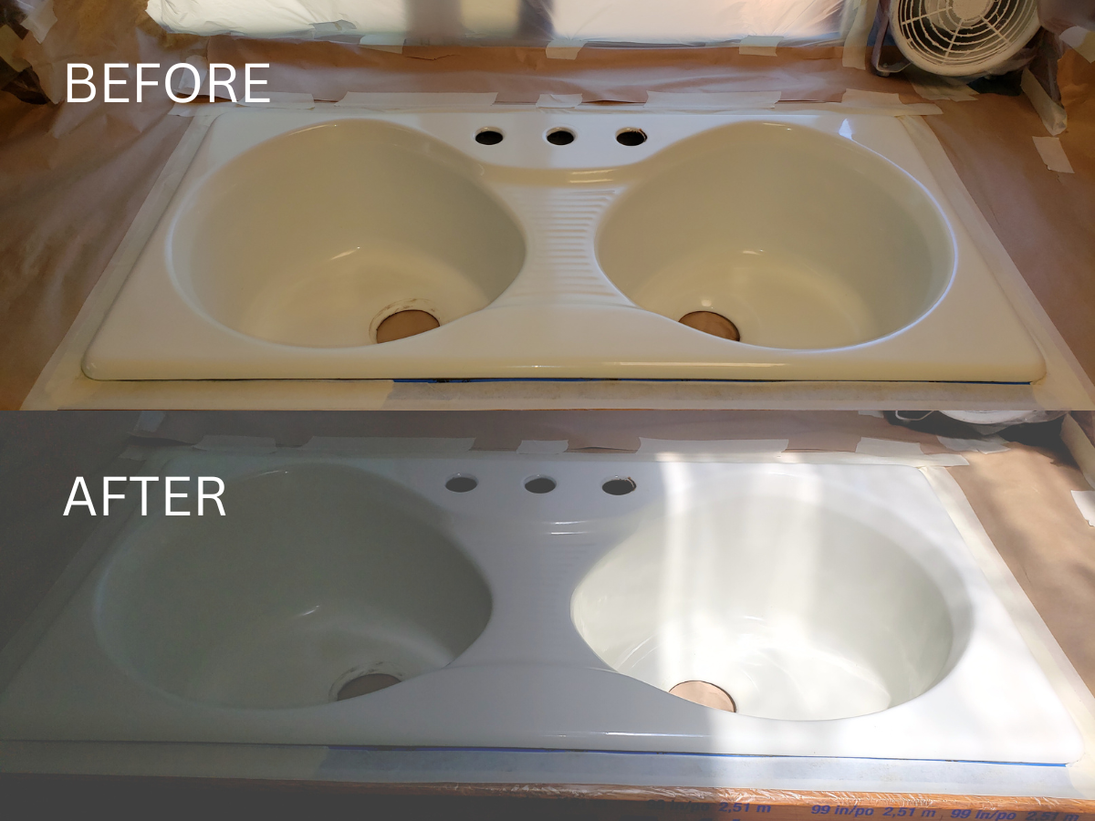 Comparison of a white double sink before and after being repainted.