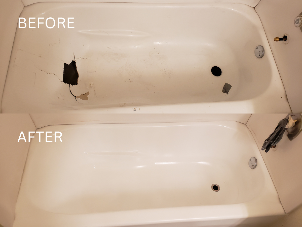 Bathtub before and after repair: cracked, damaged tub versus a smooth, white, refinished tub.