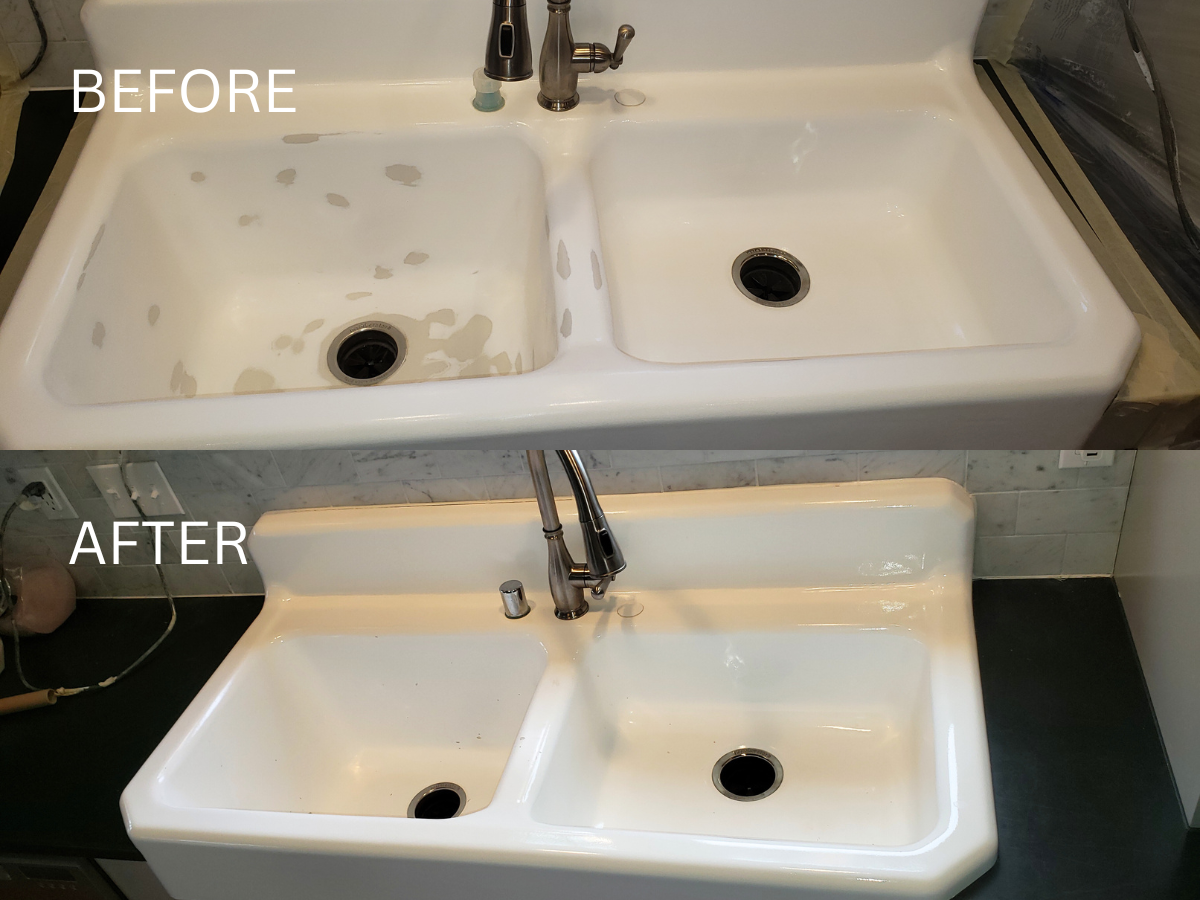 Before-and-after of a white kitchen sink. The 