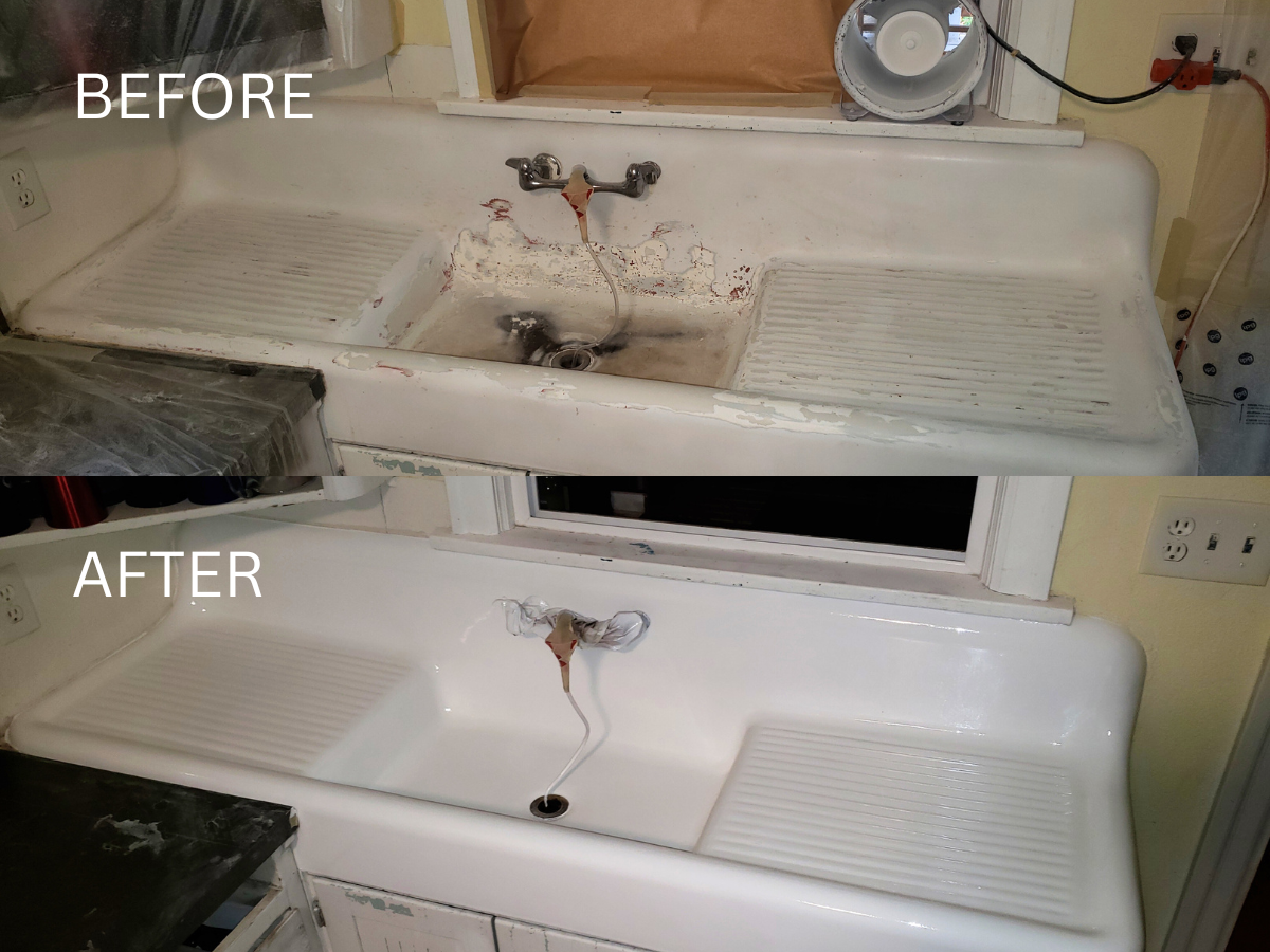 Comparison of a dirty kitchen sink (before) and a cleaned sink (after).