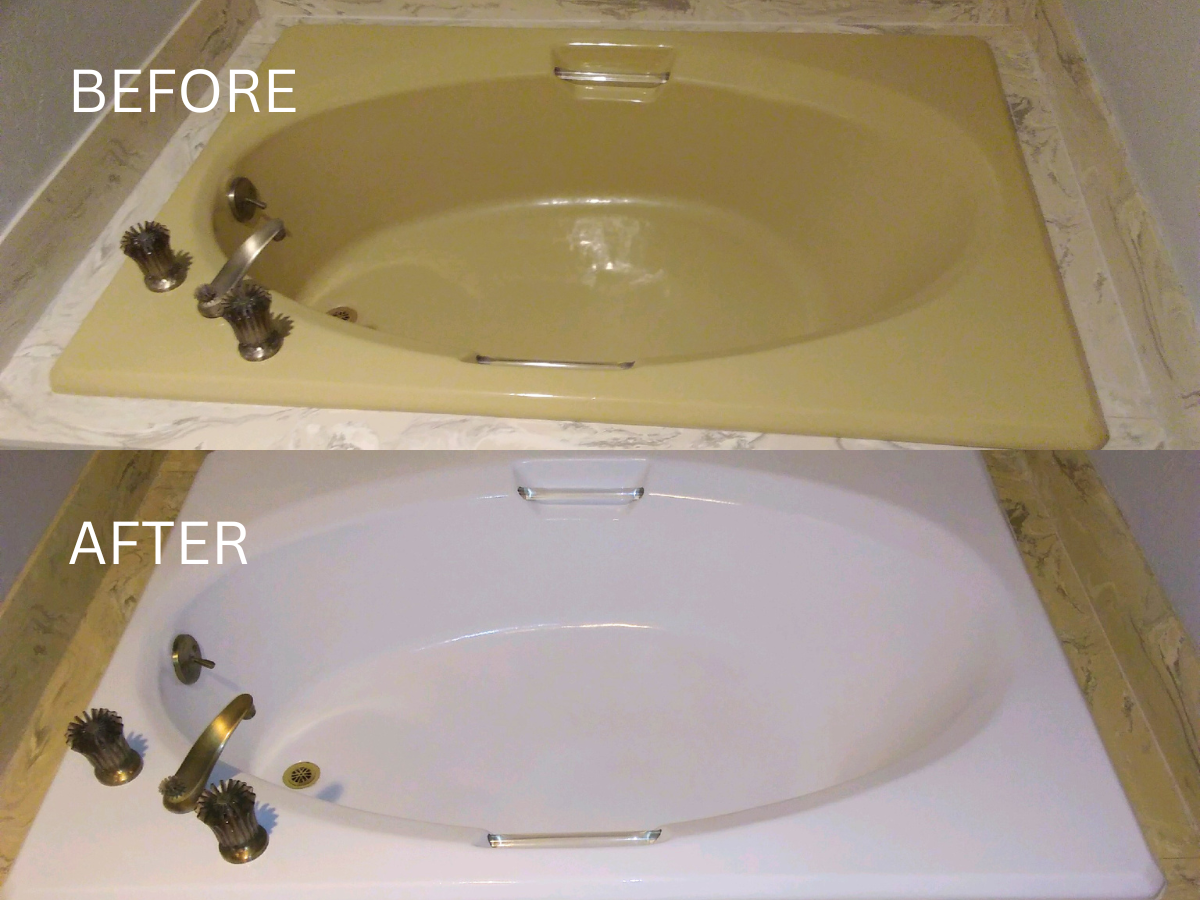 Before-and-after of a bathtub. Top shows a yellowed tub; bottom shows it white and refinished.
