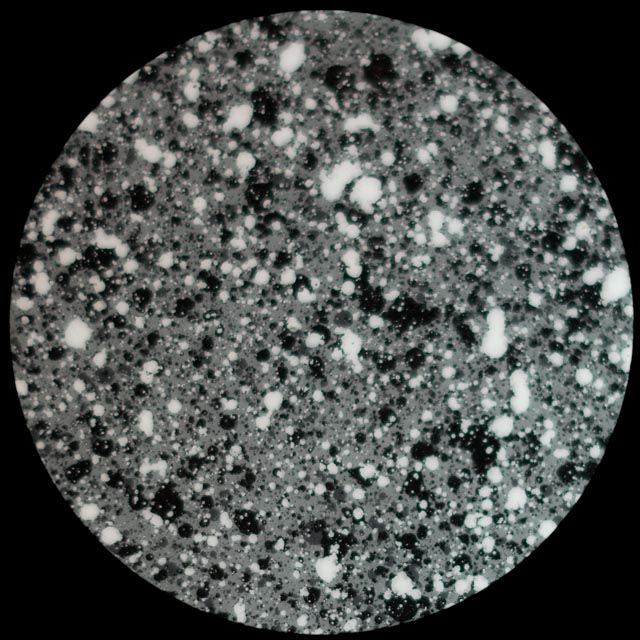 Circular view of a speckled gray surface with scattered white and black spots.