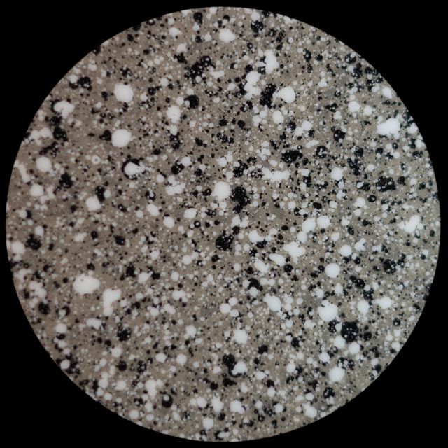 Speckled surface of gray, white, and black dots inside a circular frame.