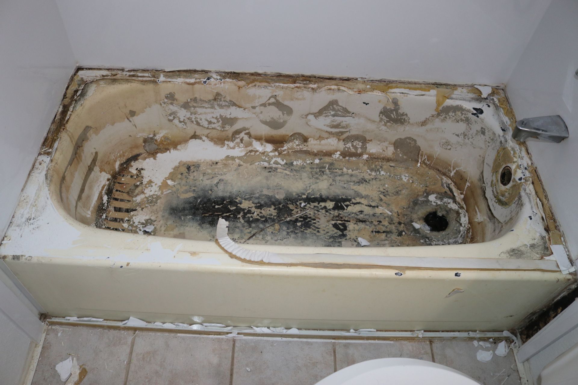 Severely damaged bathtub with peeling coating, likely moldy, in a bathroom.