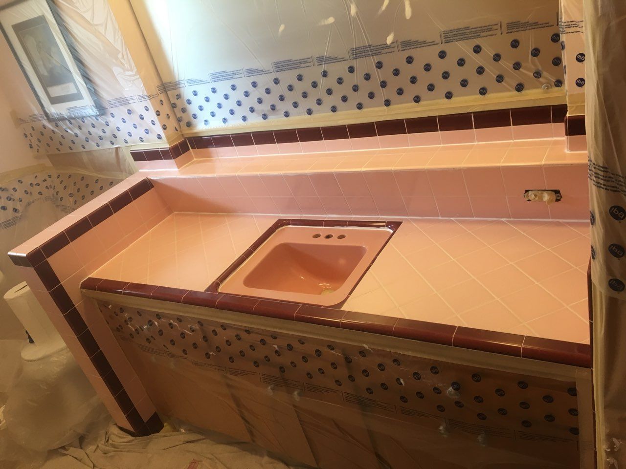 Pink bathroom vanity with a sink, tiled backsplash, and dark trim.