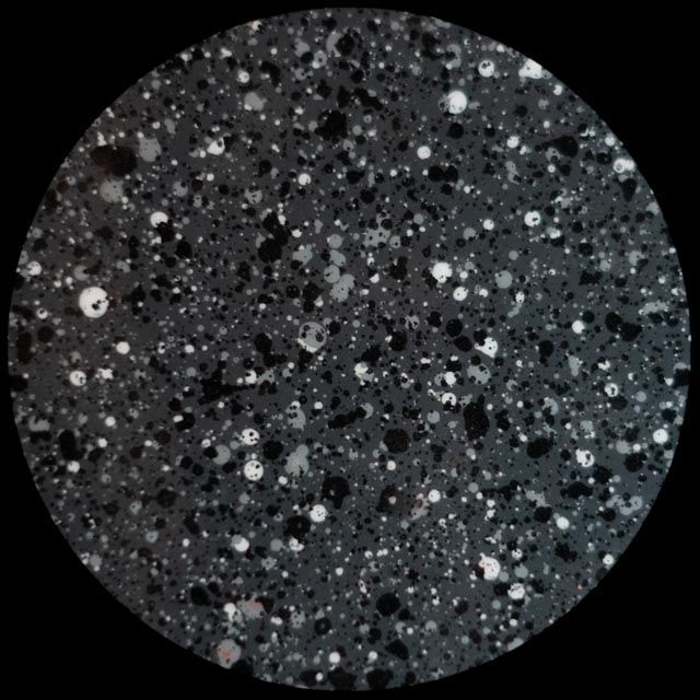 Circular view of dark, speckled material with white and black inclusions.