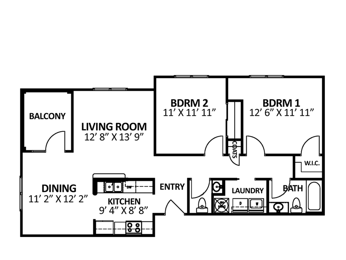 Floor plan of a two-bedroom apartment with a living room, dining area, kitchen, balcony, and laundry.