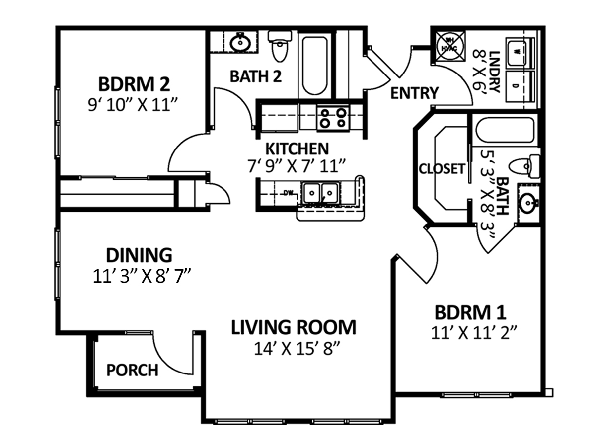 Floor plan of a two-bedroom apartment with a living room, dining area, kitchen, and porch.