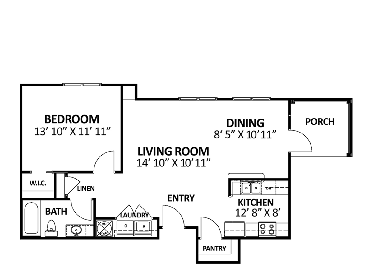 Floor plan of an apartment with a bedroom, living room, dining area, kitchen, bathroom, and porch.