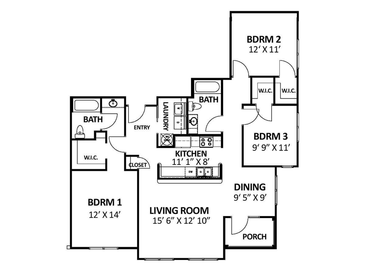 Floor plan of a three-bedroom apartment, labeled with room dimensions and features like kitchen, bathrooms, and porch.
