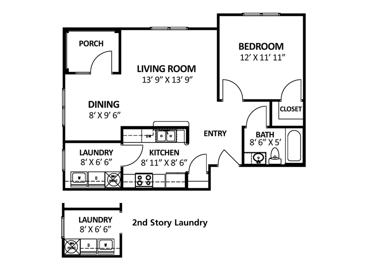 Floor plan of a one-bedroom apartment with labeled rooms: living room, dining, kitchen, bedroom, bath, laundry, and porch.