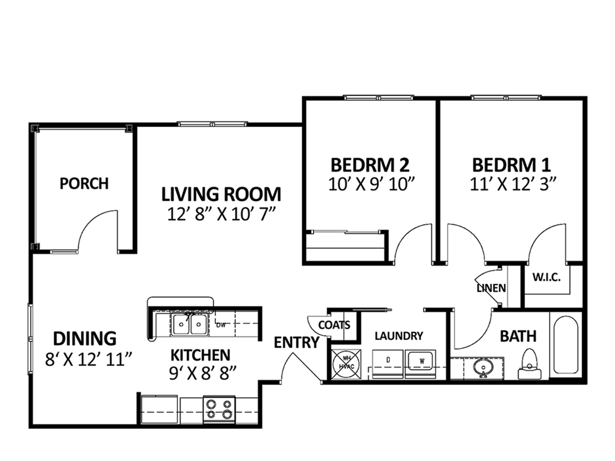 Floor plan of an apartment with a porch, living room, dining area, kitchen, two bedrooms, a bathroom, and a laundry area.