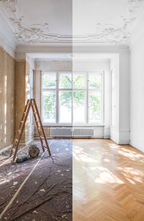 A before and after photo of a living room being remodeled.