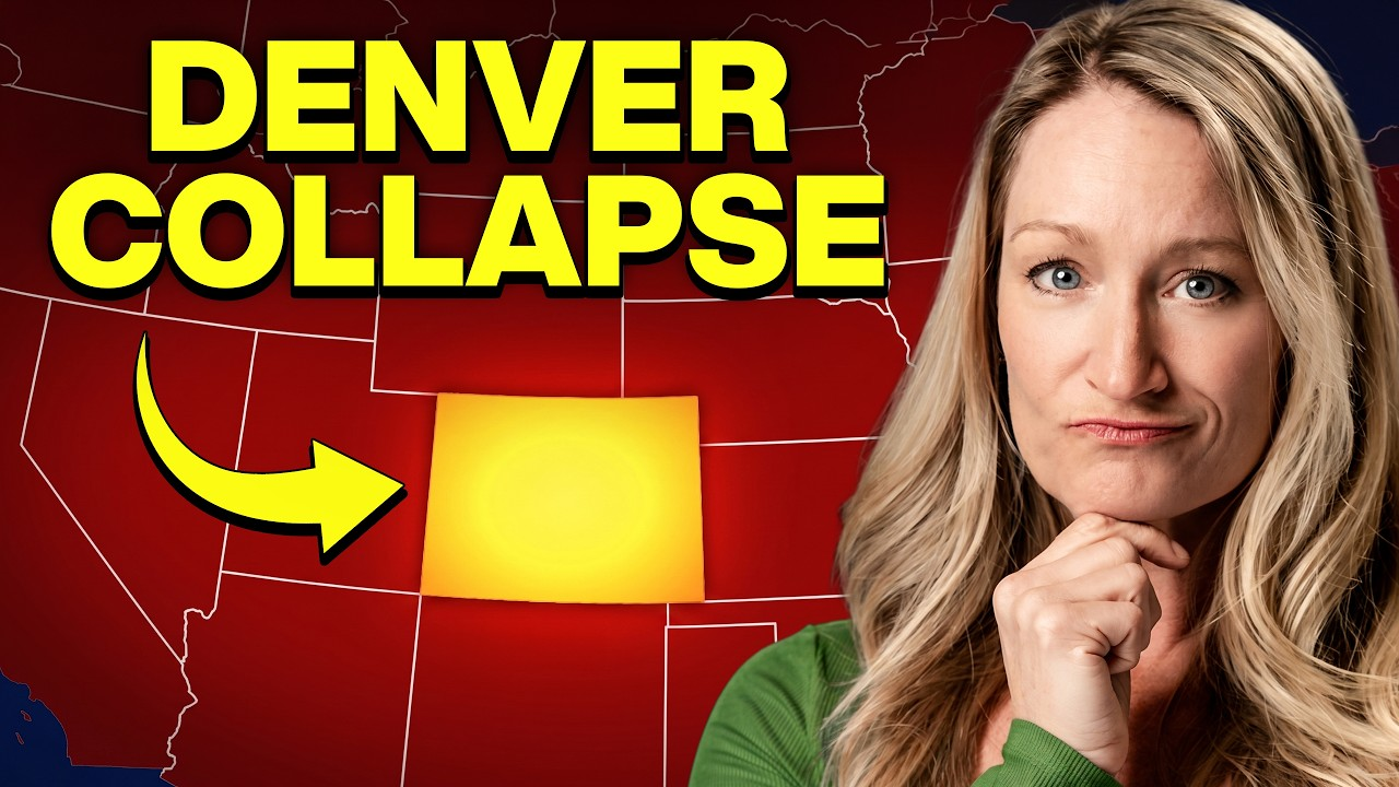 “DENVER COLLAPSE” text over a red map with a yellow highlighted area and a woman posing thoughtfully on the right