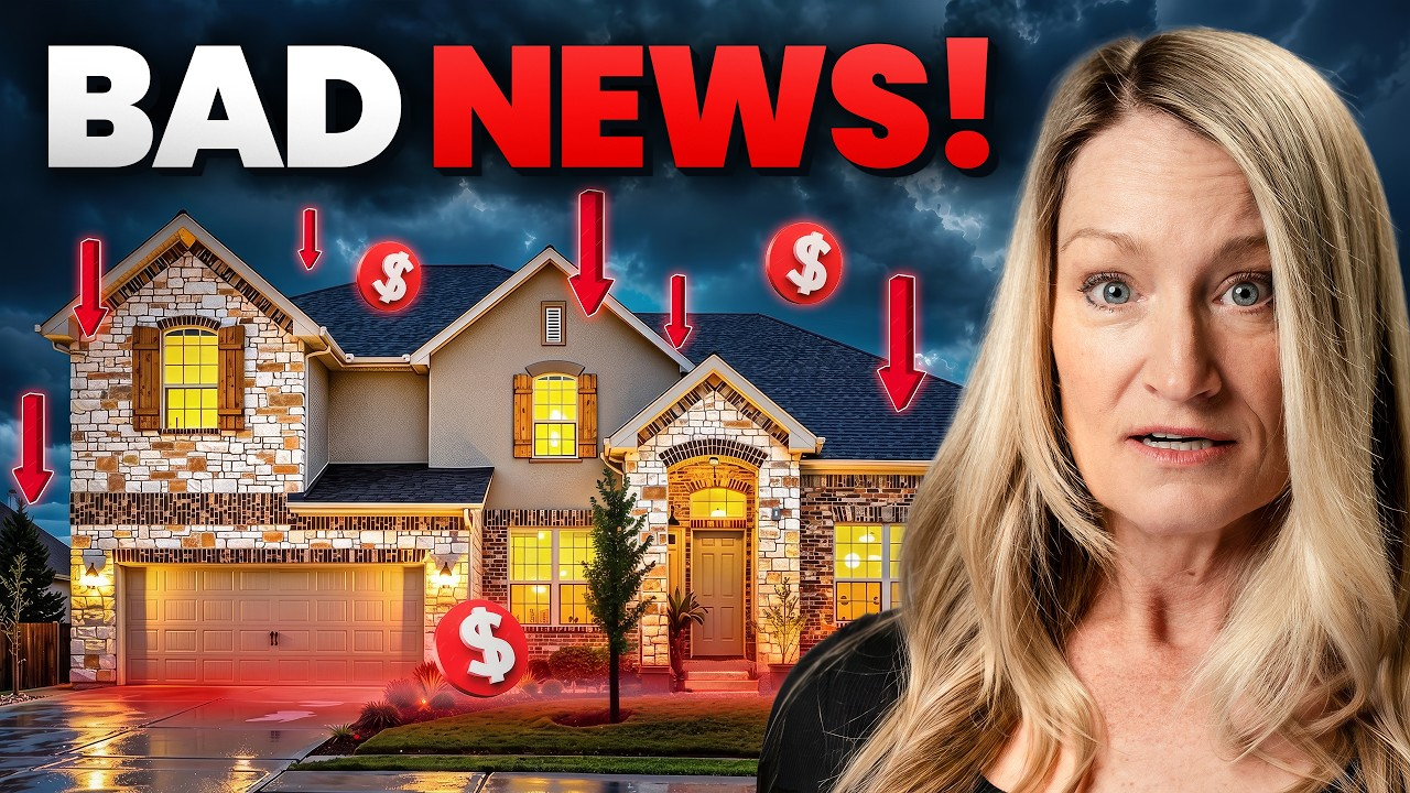 “BAD NEWS!” banner over flooded suburban houses with red arrows, dollar signs, and a worried woman’s face