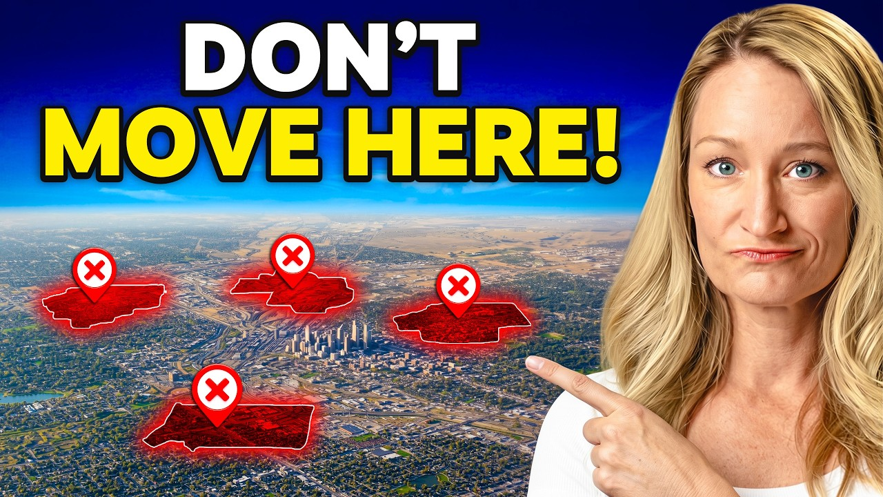 “DON’T MOVE HERE!” text over aerial city view with red X markers and a woman pointing warningly